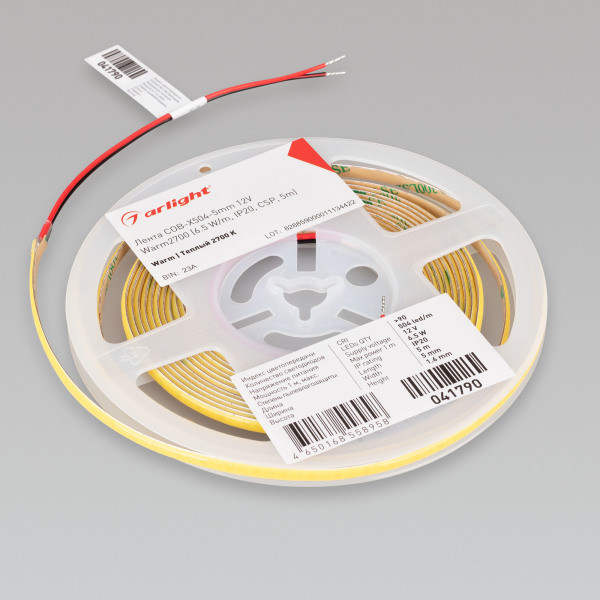 Лента COB-X504-5mm 12V Warm2700 (6.5 W/m, IP20, CSP, 5m), Arlight 041790. Цена указана за 5 метров. Продается кратно 5 метрам.