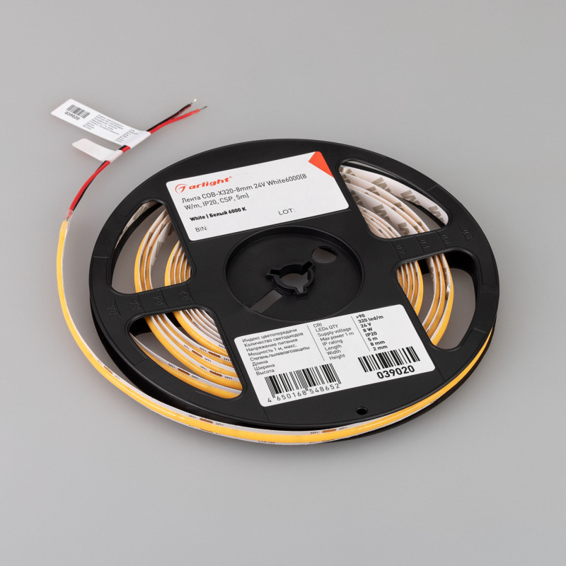 Лента COB-X320-8mm 24V White6000(8 W/m, IP20, CSP, 5m), Arlight 039020. Цена указана за 5 метров. Продается кратно 5 метрам.