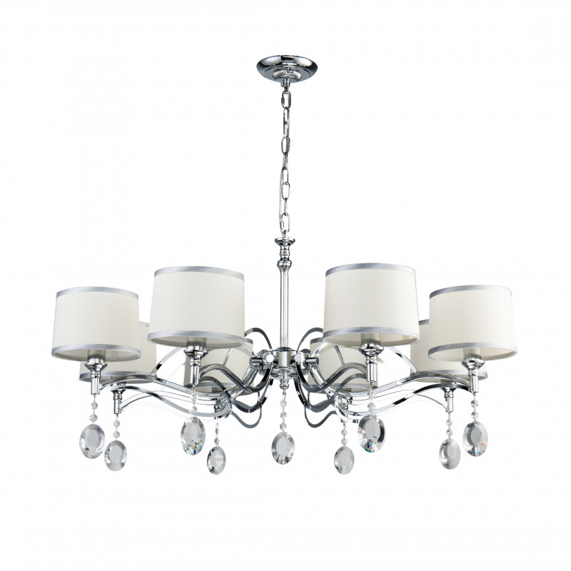 Подвесная люстра Favourite Semina 2707-8P, D930*H430/1430, хром, абажуры из белой ткани с серебряной тесьмой, декоративные элементы из прозрачного хрусталя