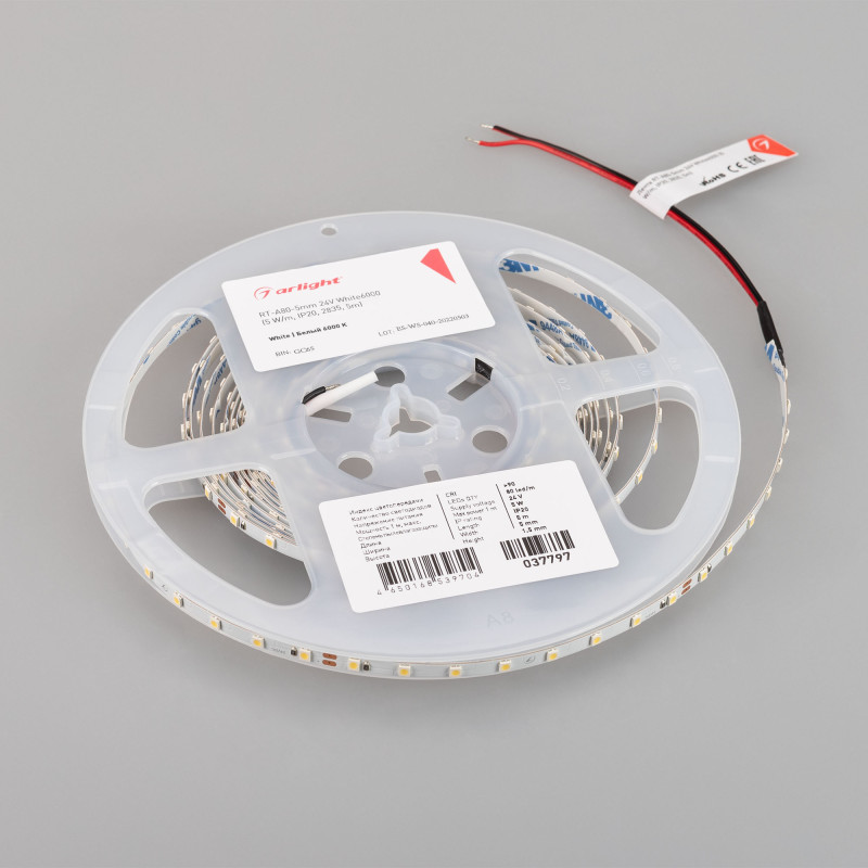 Лента RT-A80-5mm 24V White6000 (5 W/m, IP20, 2835, 5m) (Arlight, Открытый) 037797. Цена указана за 5 метров. Продается кратно 5 метрам.