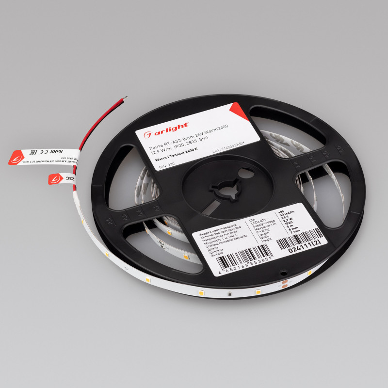 Лента RT-A30-8mm 24V Warm2400 (2.9 W/m, IP20, 2835, 5m) (Arlight, Открытый) 024111(2). Цена указана за 5 метров. Продается кратно 5 метрам.