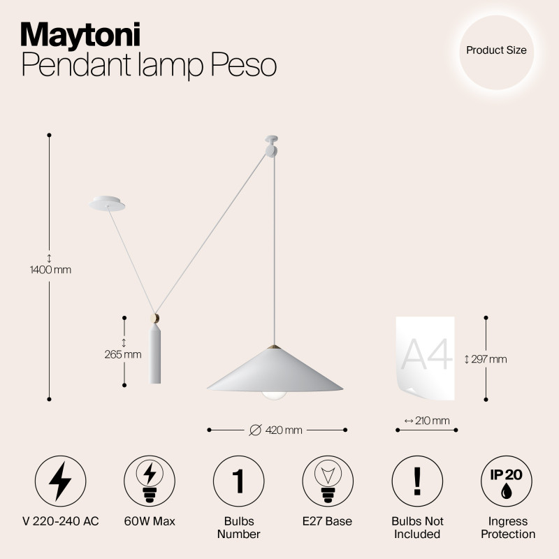 Светильник подвесной Maytoni Peso P080PL-01W, белый