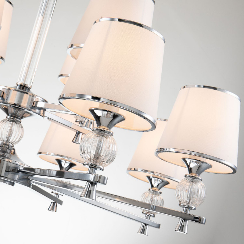 Подвесная люстра Favourite Aureola 2873-12P, D965*H650/1650, хром, плафоны из белой ткани с серебристыми лентами, декоративные элементы из прозрачного стекла