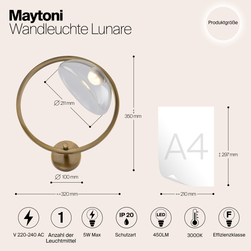 Светодиодный светильник 35 см, 5W, 3000K, Maytoni Moon MOD327WL-L5BS3K1, латунь