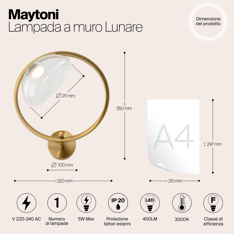 Светодиодный светильник 35 см, 5W, 3000K, Maytoni Moon MOD327WL-L5BS3K, латунь