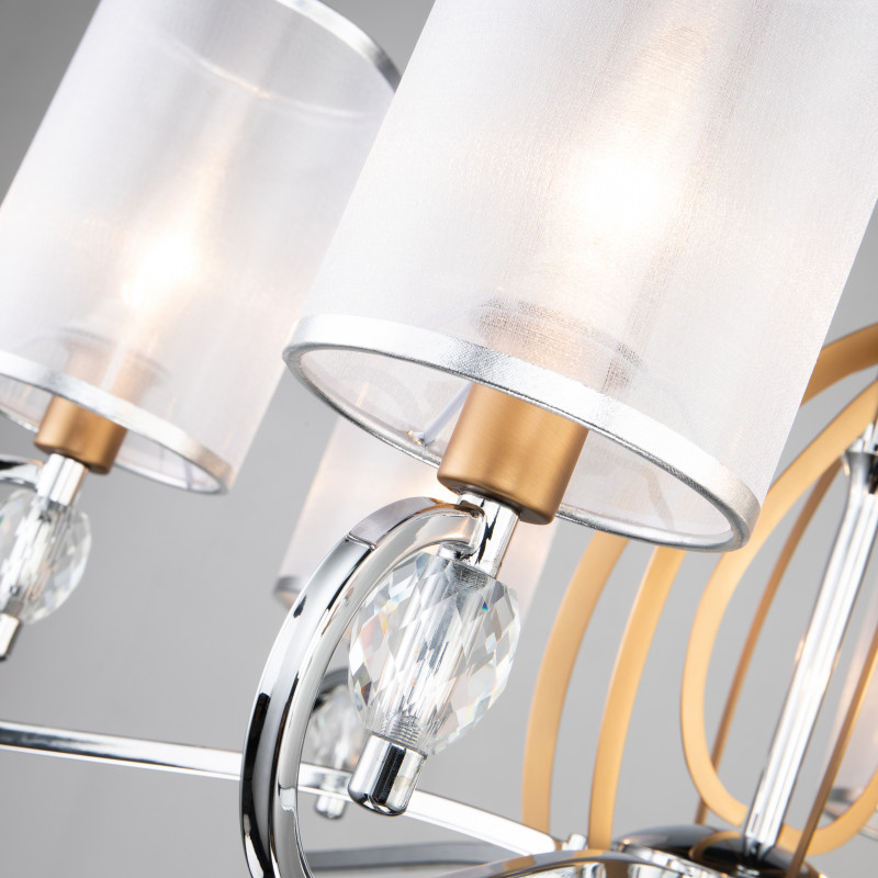 Подвесная люстра Favourite Stine 2705-6P, D650*H420/1420, каркас серебряного цвета и цвета латуни, абажур из полупрозрачной органзы с серебряной тесьмой, декоративные элементы выполнены из прозрачного хрустал