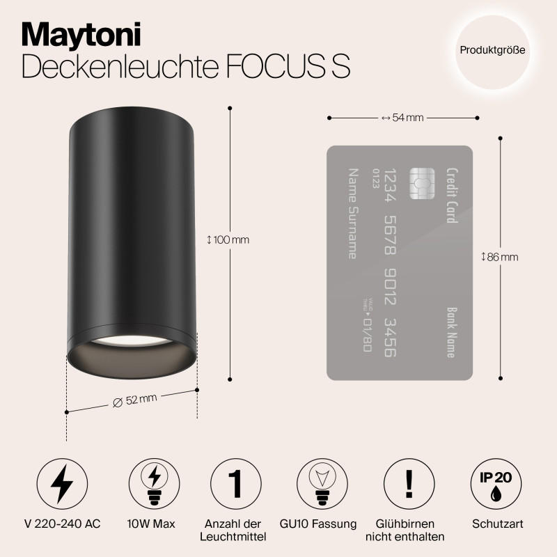 Светильник 5*5 см, GU10 10W, Maytoni Focus S C052CL-01B, черный