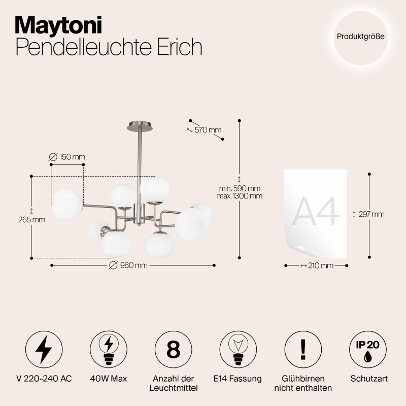 Подвесная люстра Maytoni Erich MOD221-PL-08-N, диаметр 96 см, матовый никель