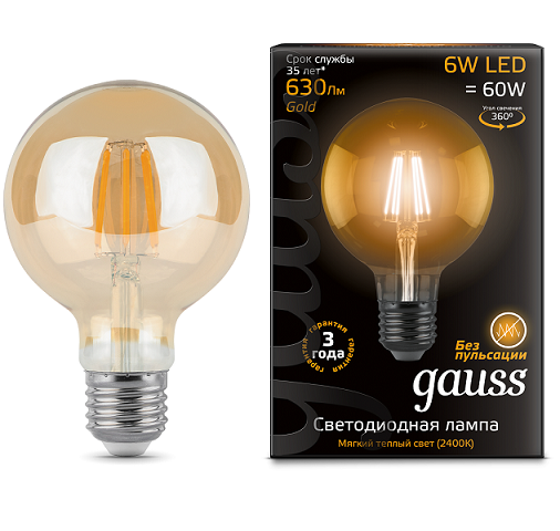 105802006 Лампа Gauss Filament G95 6W 550lm 2400К Е27 golden LED 1/20