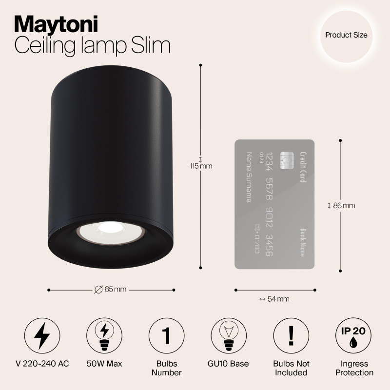 Светильник 8,5*8,5 см, GU10 50W, Maytoni Alfa C012CL-01B, черный