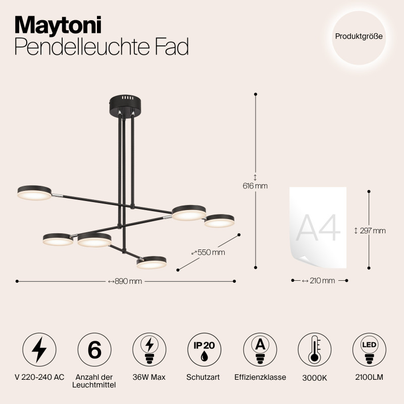 Светодиодный светильник Maytoni Fad MOD070PL-L38B3K, 38W LED, 3000K, черный