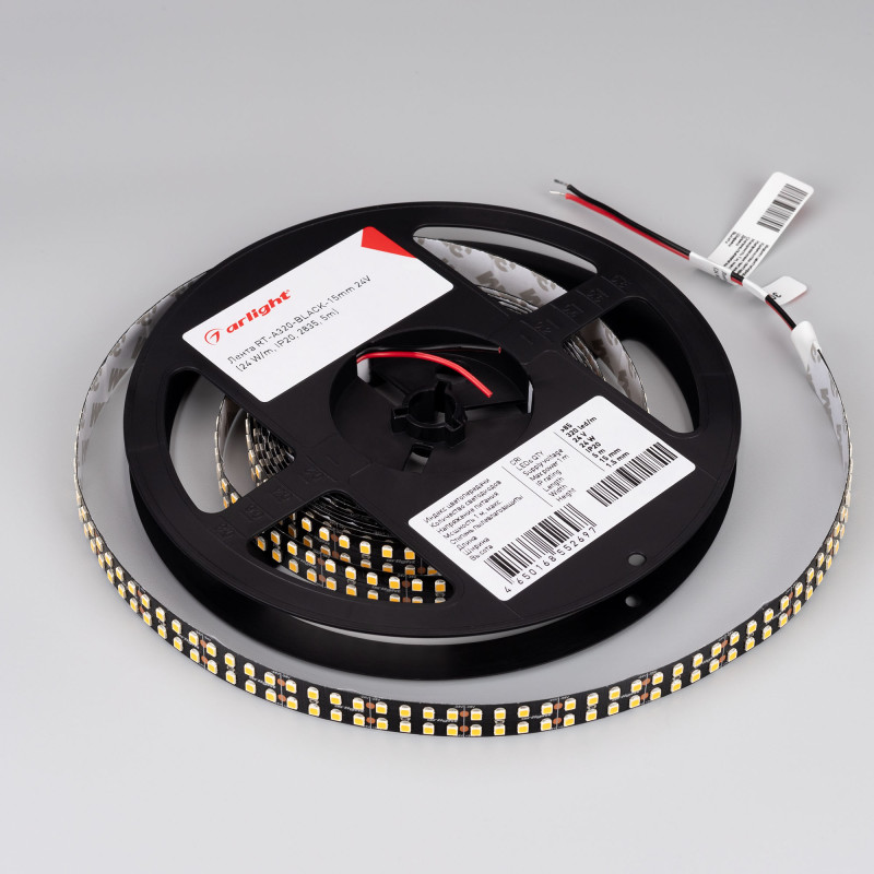 Лента RT-A320-BLACK-15mm 24V Warm3000 CRI98 (24 W/m, IP20, 2835, 5m), Arlight 032615(2). Цена указана за 5 метров. Продается кратно 5 метрам.