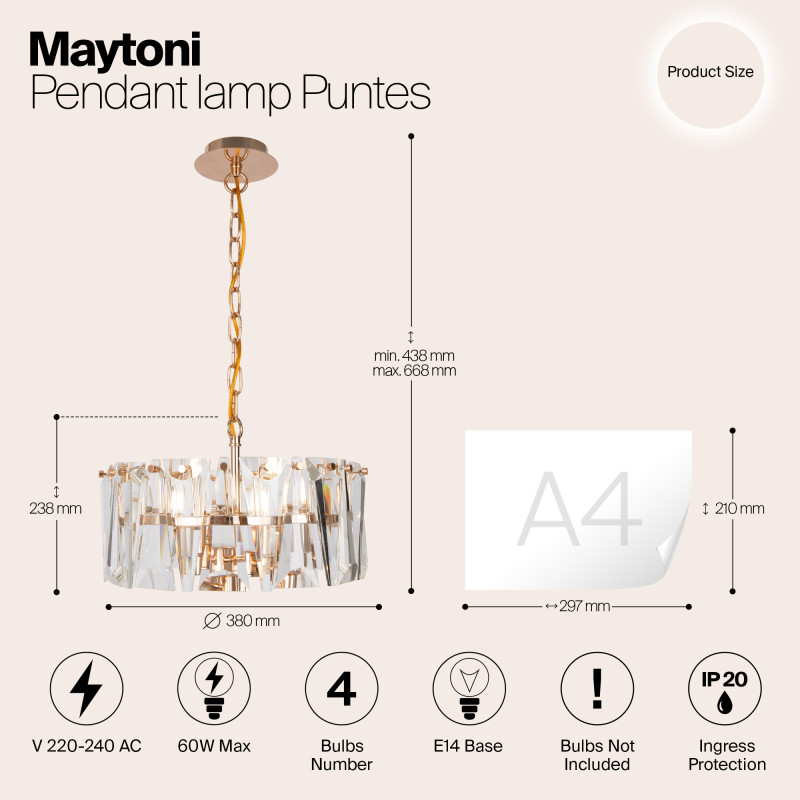 Подвесной светильник Maytoni Puntes MOD043PL-04G, диаметр 38 см, золото