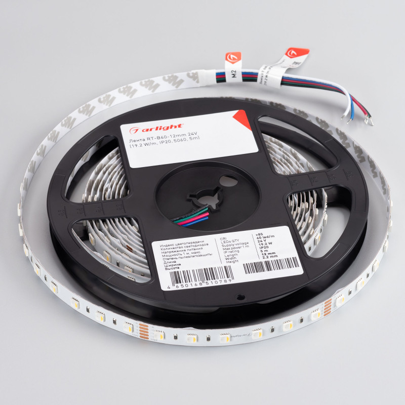 Лента RT-B60-12mm 24V RGBW-Warm-4-in-1 (19.2 W/m, IP20, 5060, 5m) (Arlight, Открытый) 019152(2). Цена указана за 5 метров. Продается кратно 5 метрам.