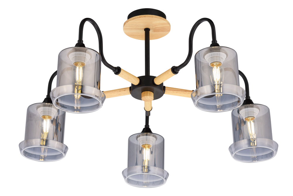 Люстра Ø570 x H345, мм, 5*40W (200W), BK+WOOD(Чёрный+Дерево) Rilon 4872/5 BK+WOOD