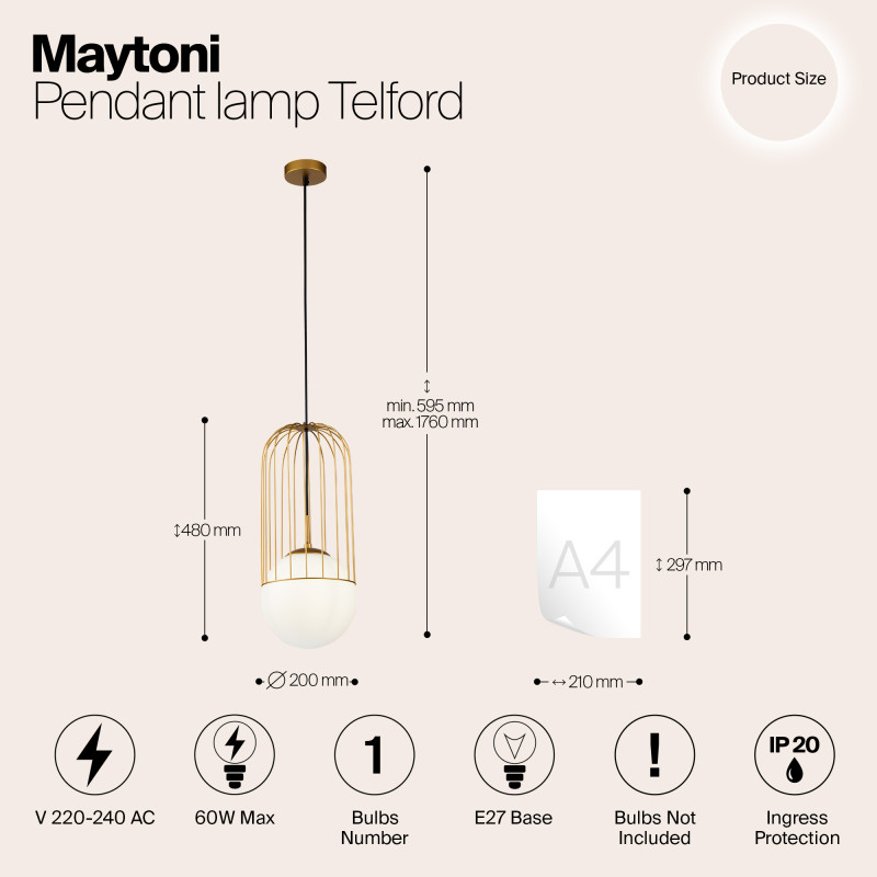 Подвесной светильник Maytoni Telford P363PL-01G, золото, диаметр 20 см