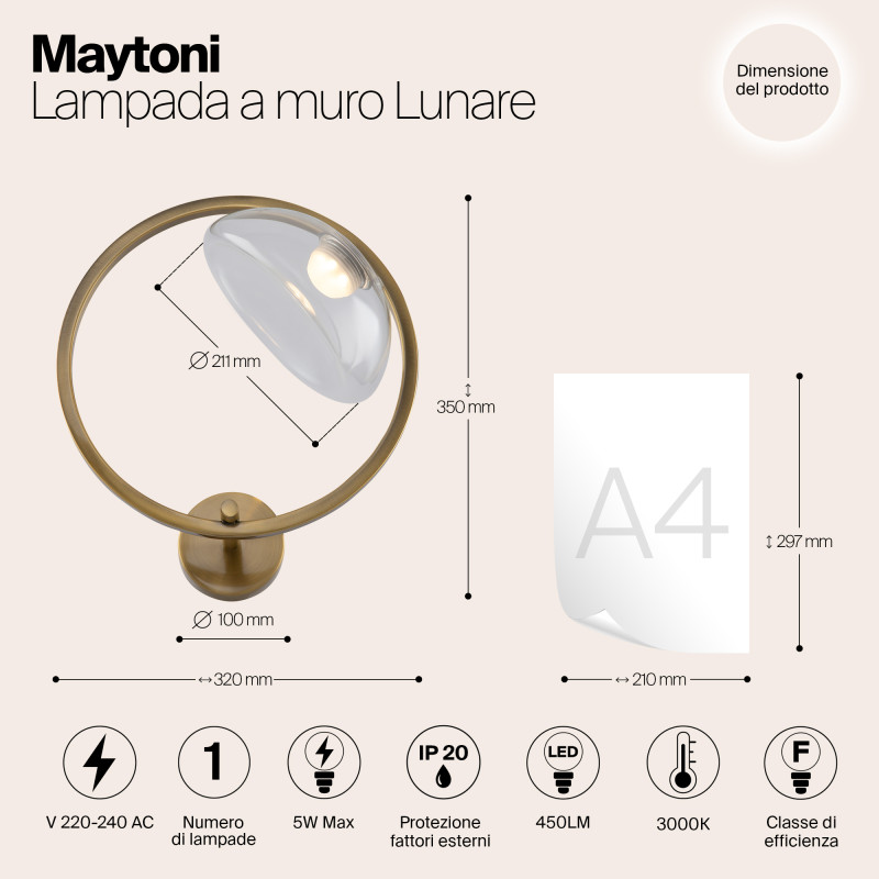 Светодиодный светильник 35 см, 5W, 3000K, Maytoni Moon MOD327WL-L5BS3K1, латунь