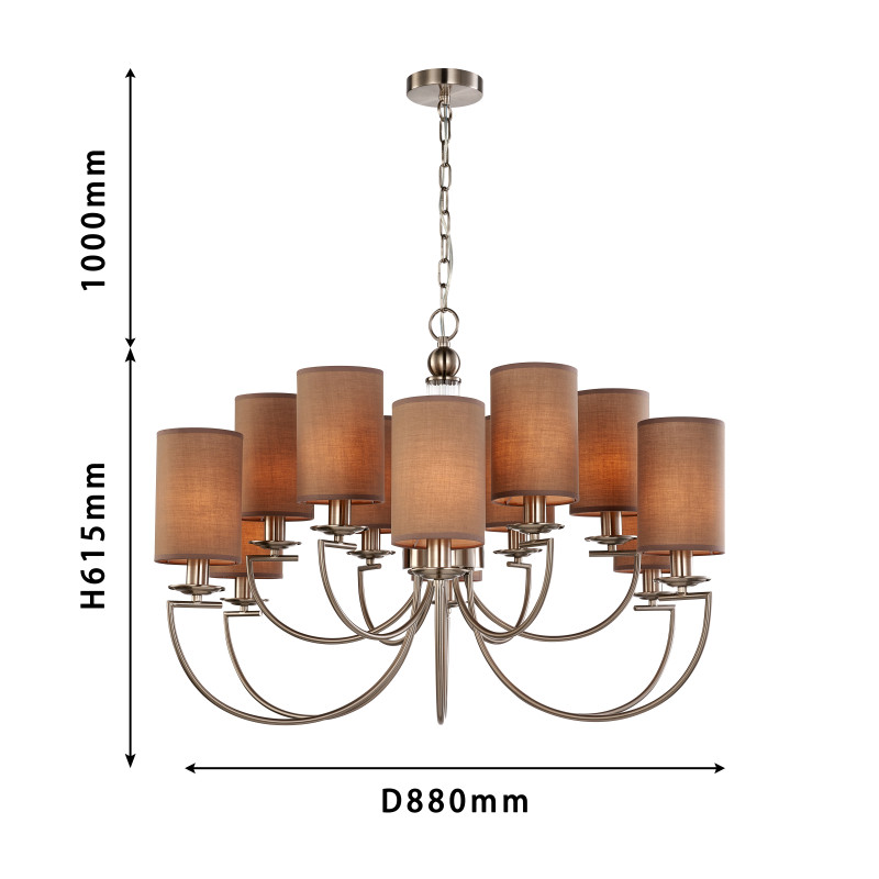 Подвесная люстра Favourite Argo 2934-12P, D880*H615/1680, никеля, плафоны из коричневой ткани, декоративный элемент из прозрачного стекла