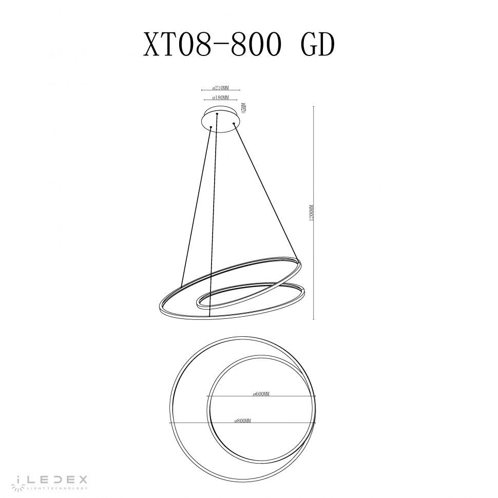 Подвесной светильник 80-120 см, LED*70W, 4000K, iLedex Axis XT08-D800 GD, Золото