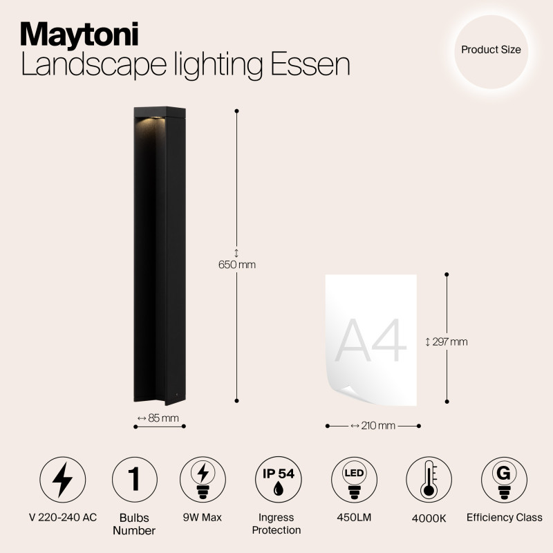 Светодиодный светильник 65 см, 9W, 4000K, Maytoni Essen O596FL-L9B4K1, черный