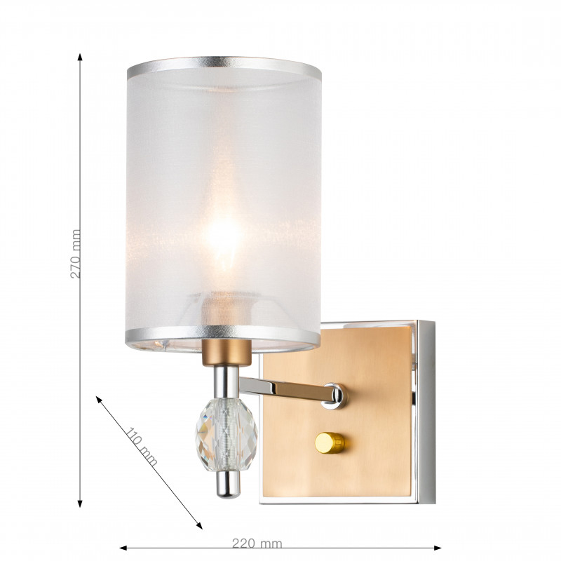 Бра Favourite Stine 2705-1W, D220*W110*H270, каркас серебряного цвета и цвета латуни, абажур из полупрозрачной органзы с серебряной тесьмой, декоративные элементы выполнены из прозрачного хрустал