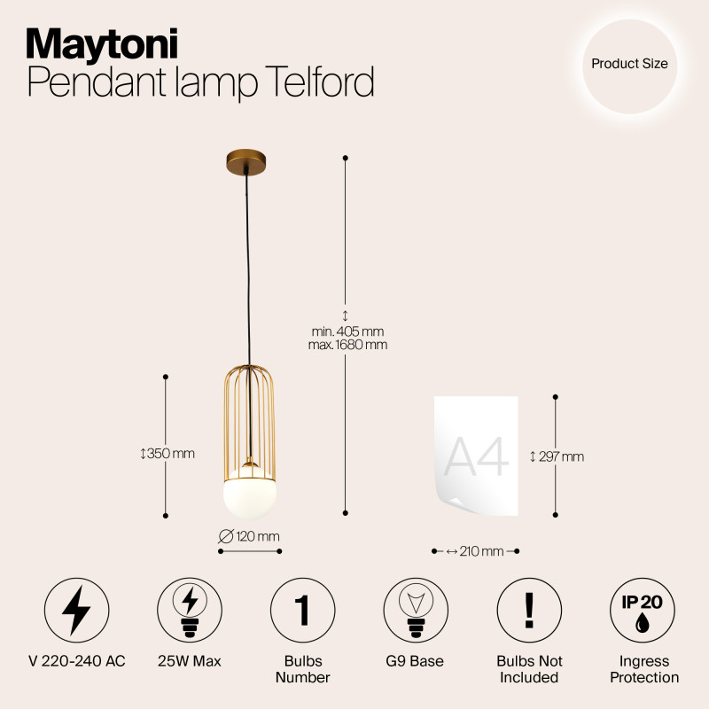 Подвесной светильник Maytoni Telford P361PL-01G, золото, диаметр 12 см
