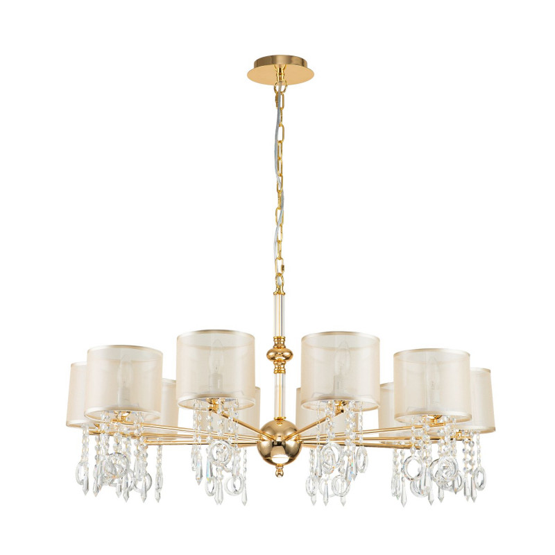 Подвесная люстра Favourite Ventus 2891-10P, D920*H460/1460, Каркас золотого цвета, плафон из органзы янтарного цвета, декоративные элементы из стекла и хрусталя