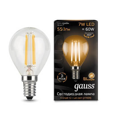 105801107 Лампа Gauss Filament Шар 7W 550lm 2700К Е14 LED 1/10/50