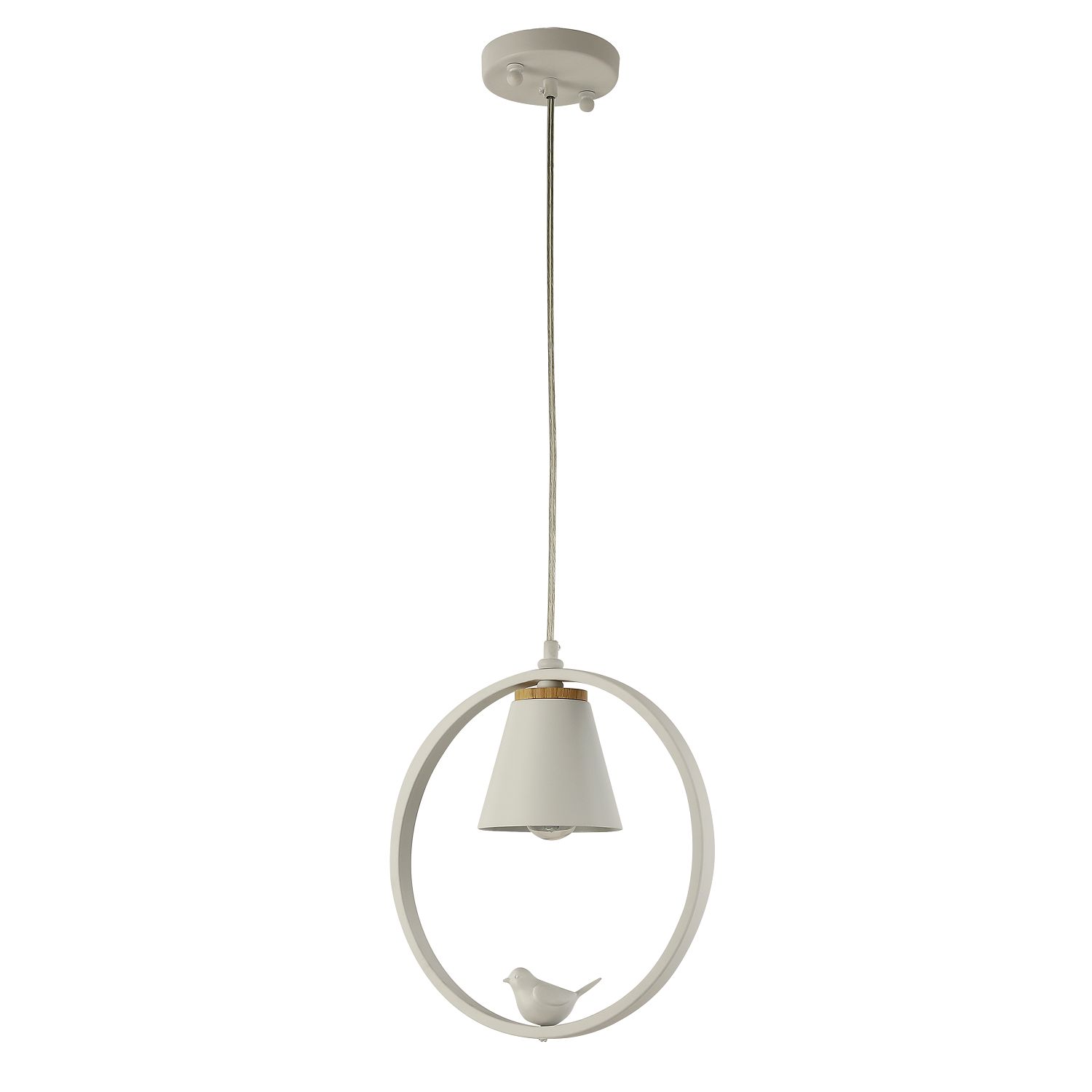 Подвес F-Promo Uccello 2939-1P, W300*H325/1325, каркас матового белого цвета, декоративные вставки из светлого дерева, декоративный элемент в виде белой акриловой птицы
