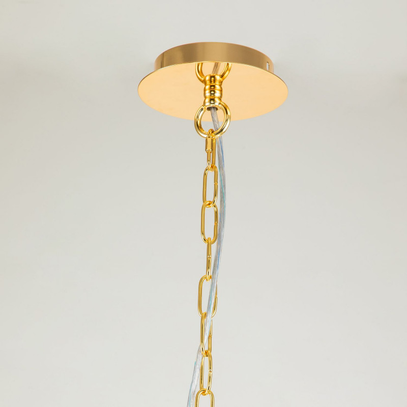 Подвесная люстра Favourite Cutie 2868-15P, D1050*H755/1755, Каркас золотого цвета, плафоны из органзы янтарного цвета с отделкой золотой тесьмой, декоративные элементы из хрусталя