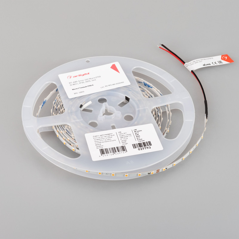 Лента RT-A80-5mm 24V Warm2700 (5 W/m, IP20, 2835, 5m) (Arlight, Открытый) 037793. Цена указана за 5 метров. Продается кратно 5 метрам.