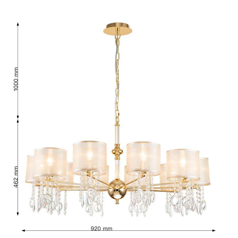 Подвесная люстра Favourite Ventus 2891-10P, D920*H460/1460, Каркас золотого цвета, плафон из органзы янтарного цвета, декоративные элементы из стекла и хрусталя