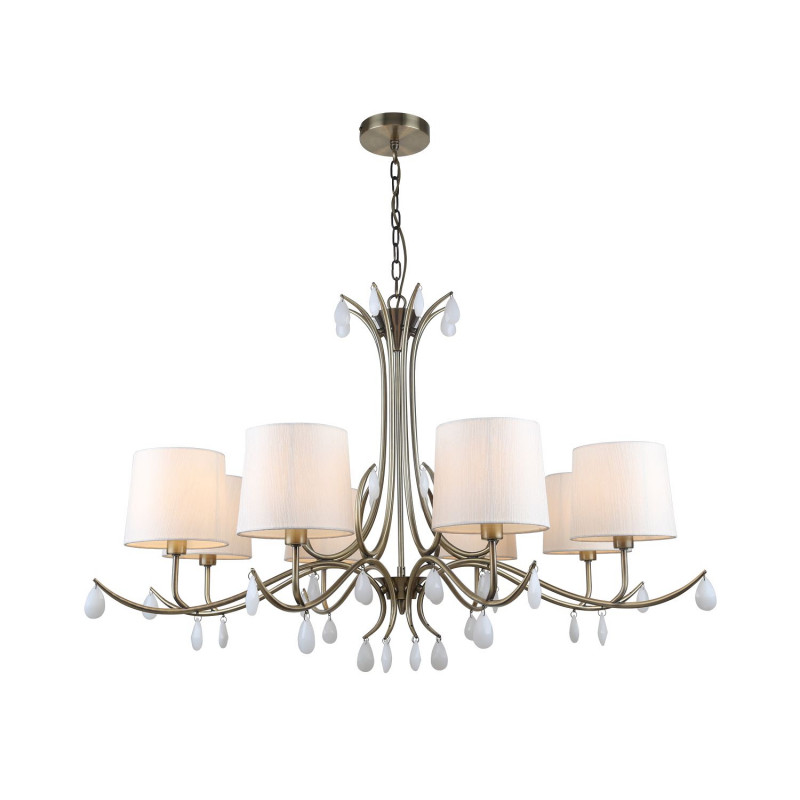 Подвесная люстра Favourite Castellum 2769-8P, D1010*H630/1630, античная латунь, плафоны из ткани кремового цвета, декоративные элементы в виде подвесок из белого стекла