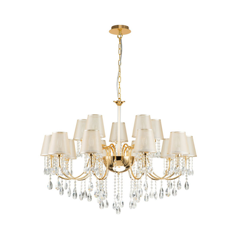 Подвесная люстра Favourite Cutie 2868-15P, D1050*H755/1755, Каркас золотого цвета, плафоны из органзы янтарного цвета с отделкой золотой тесьмой, декоративные элементы из хрусталя