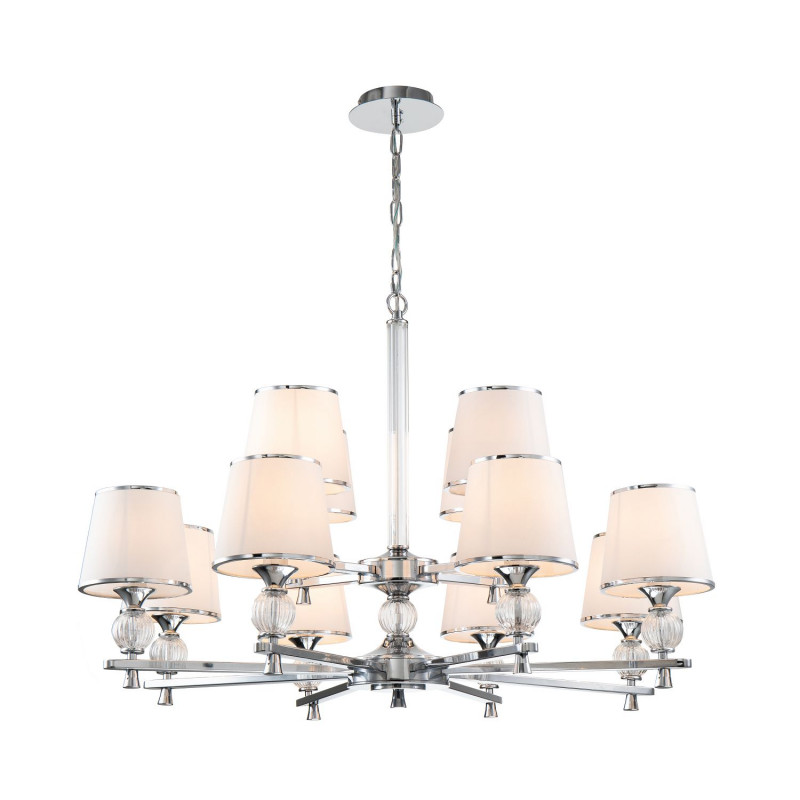 Подвесная люстра Favourite Aureola 2873-12P, D965*H650/1650, хром, плафоны из белой ткани с серебристыми лентами, декоративные элементы из прозрачного стекла