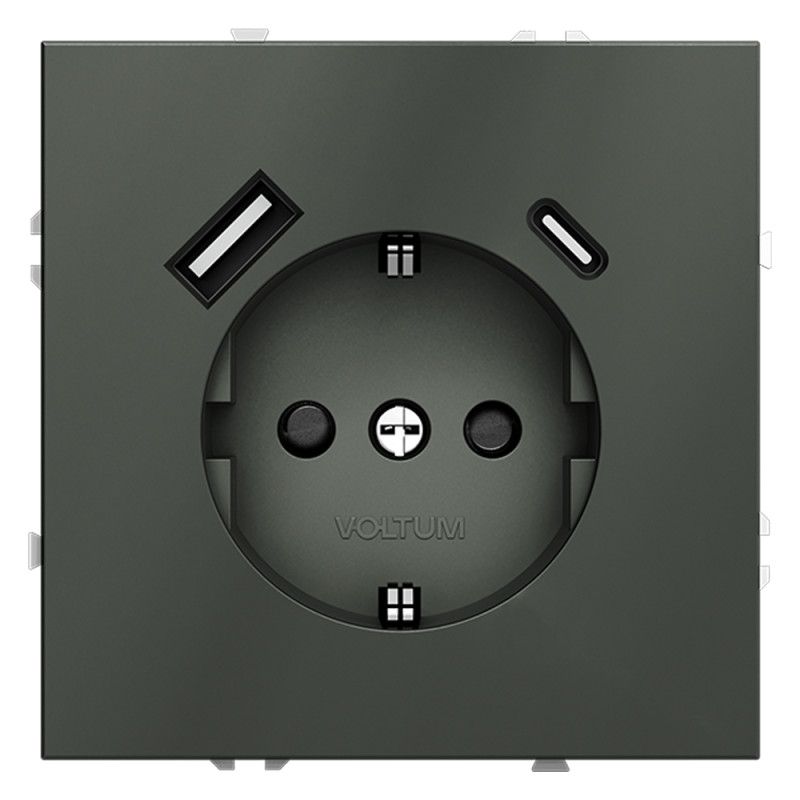 Розетка встраиваемая Voltum S70 с заземлением и защитными шторками, 16А, с USB, A+С, титан пластик Soft touch VLS040506