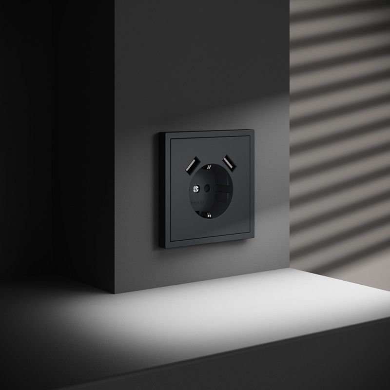 Розетка встраиваемая Voltum S70 с заземлением и защитными шторками, 16А, с USB, A+A, графит пластик Soft touch VLS040407