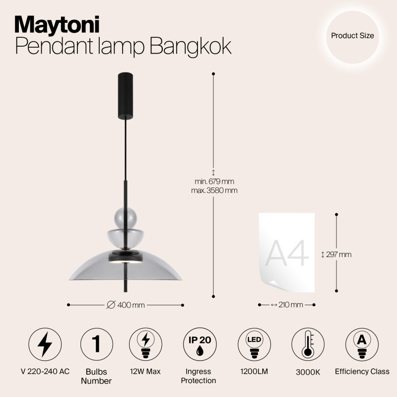 Подвесной светильник  40*67,9 см, LED 12W, 3000К, Черный Maytoni Bangkok MOD185PL-L11B3K3