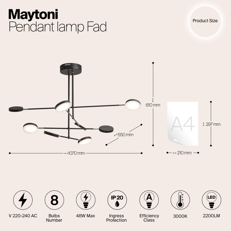 Подвесной светодиодный светильник Maytoni Fad MOD070PL-L48B3K, 48W LED, 3000K, черный