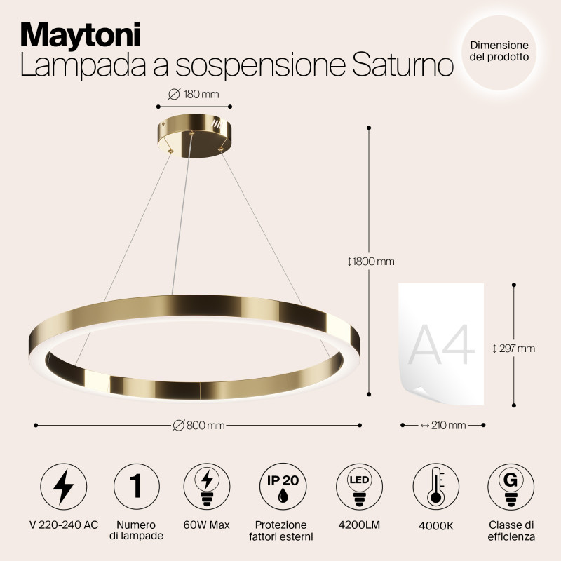 Светильник 80 см, 60W, 4000K Maytoni Saturno MOD415PL-L60BS4K, латунь