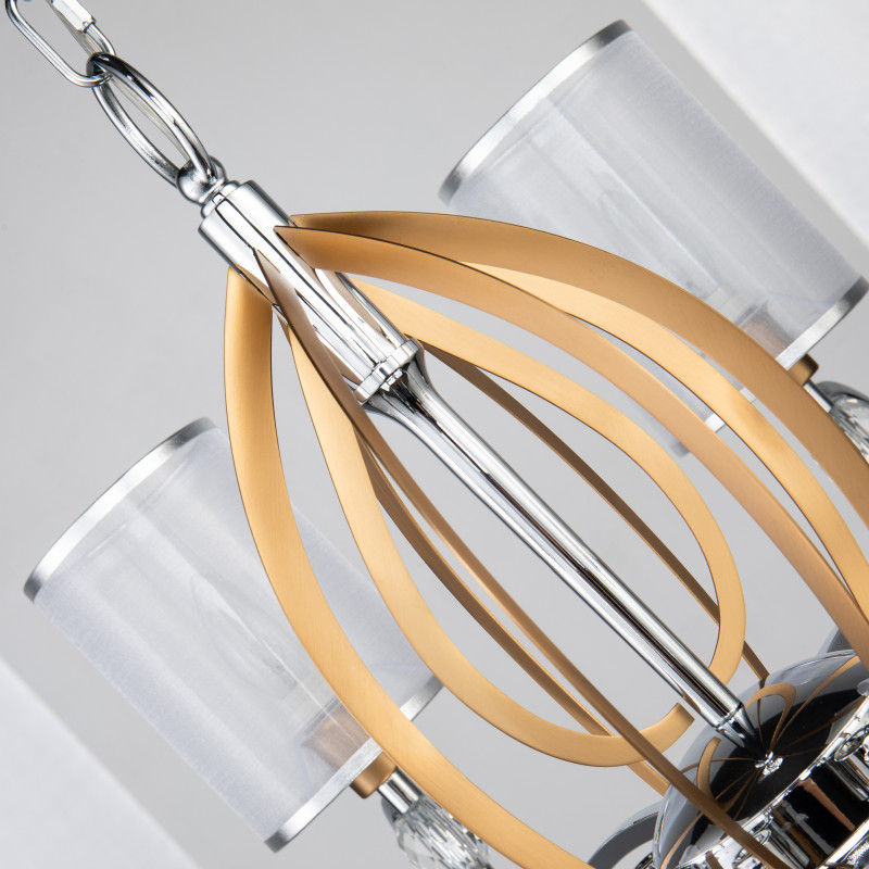 Подвесная люстра Favourite Stine 2705-8P, D790*H450/1450, каркас серебряного цвета и цвета латуни, абажур из полупрозрачной органзы с серебряной тесьмой, декоративные элементы выполнены из прозрачного хрустал