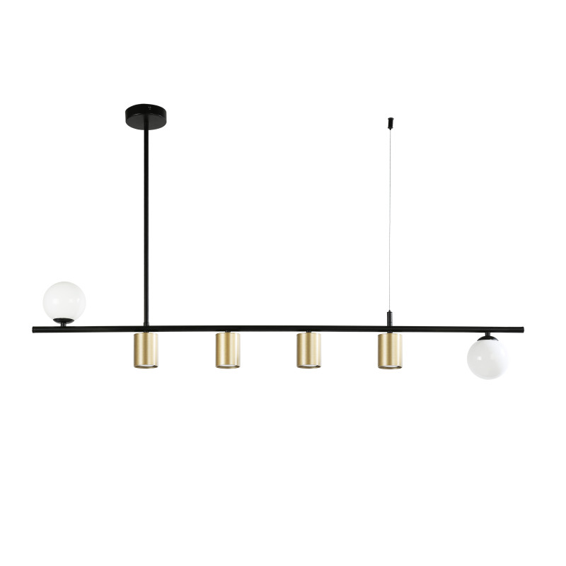 Подвесная люстра Favourite Frigus 4040-6P, L1200*W100*H670, каркас матового черного цвета, два вида плафонов из белого стекла и металла цвета золота, лампы G9 и GU10 можно менять