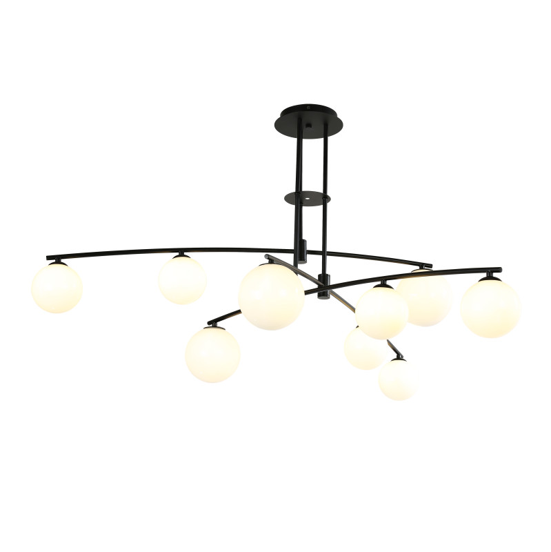 Подвесная люстра Favourite Equilibrium 4038-9P, D1400*H700, каркас матового черного цвета, плафоны из выдувного белого стекла дуплекс, лампу G9 можно менять