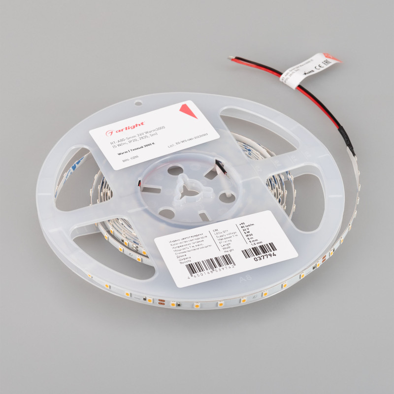 Лента RT-A80-5mm 24V Warm3000 (5 W/m, IP20, 2835, 5m) (Arlight, Открытый) 037794. Цена указана за 5 метров. Продается кратно 5 метрам.
