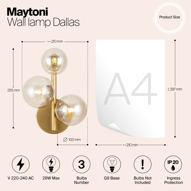 Светильник 26 см, Maytoni Dallas MOD545WL-03G, золото