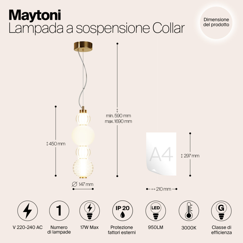 Светильник 15 см, 17W, 3000K, Maytoni P069PL-L17G3K, золото
