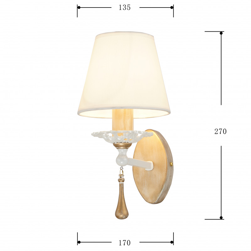 Бра Favourite Silena 2635-1W, D170*W135*H270, каркас белого цвета и цвета - античное золото, абажур из белой ткани, декоративные подвески в виде удлиненных стеклянных капель на золотых цепочках