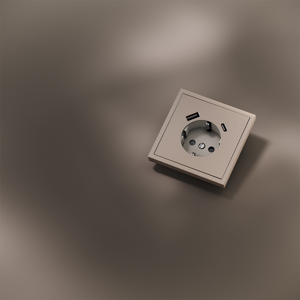 Накладка для розетки с заземлением и защитными шторками, с USB A+C, S70 Metal, платина Voltum VLSM001010