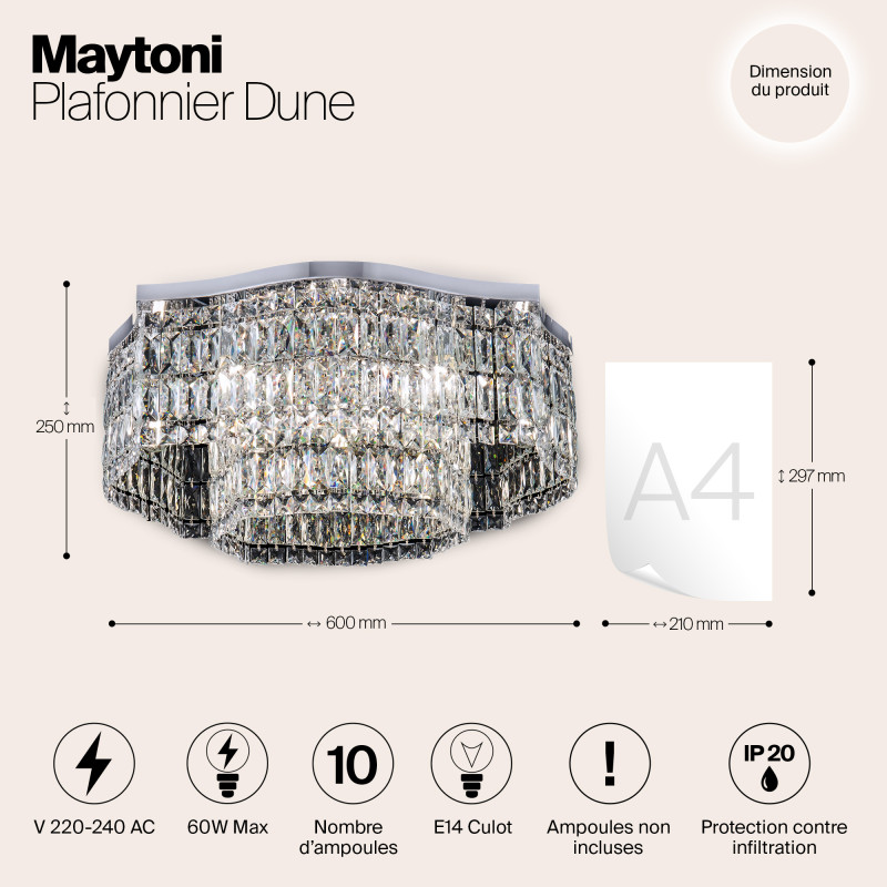 Потолочная люстра Maytoni Dune DIA005CL-10CH, диаметр 60 см, хром-хрусталь