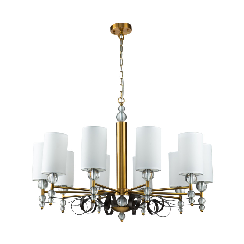 Подвесная люстра Favourite Opera 2994-10P, D980*H685/1680, латуни, декоративные металлические ленты темно-коричневого цвета, декоративные стеклянные шары на рожках, плафоны из ткани белого цвета